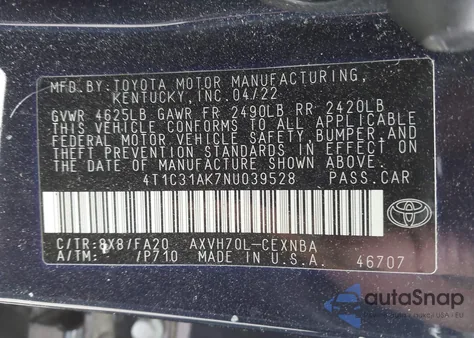 2022 Toyota Camry Le Hybrid z USA, uszkodzony, nr VIN 4T1C31AK7NU039528